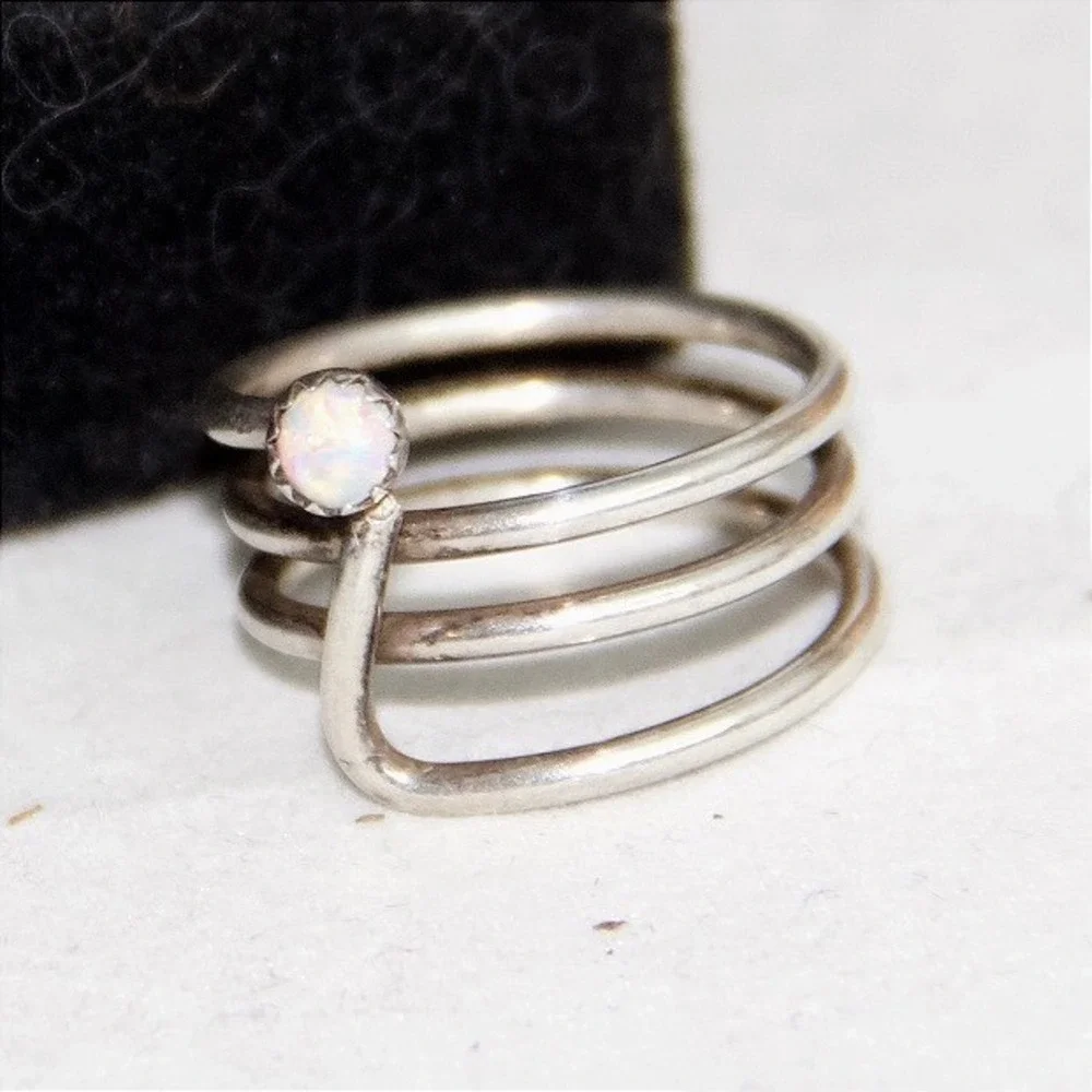 Sterling Silver Multi Band Wrap Ring with Round‎ Opal Size 6